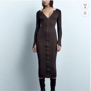 Zara Brown Ribbed Hook Closure Long Sleeve Bodycon Midi Dress Size L NWT